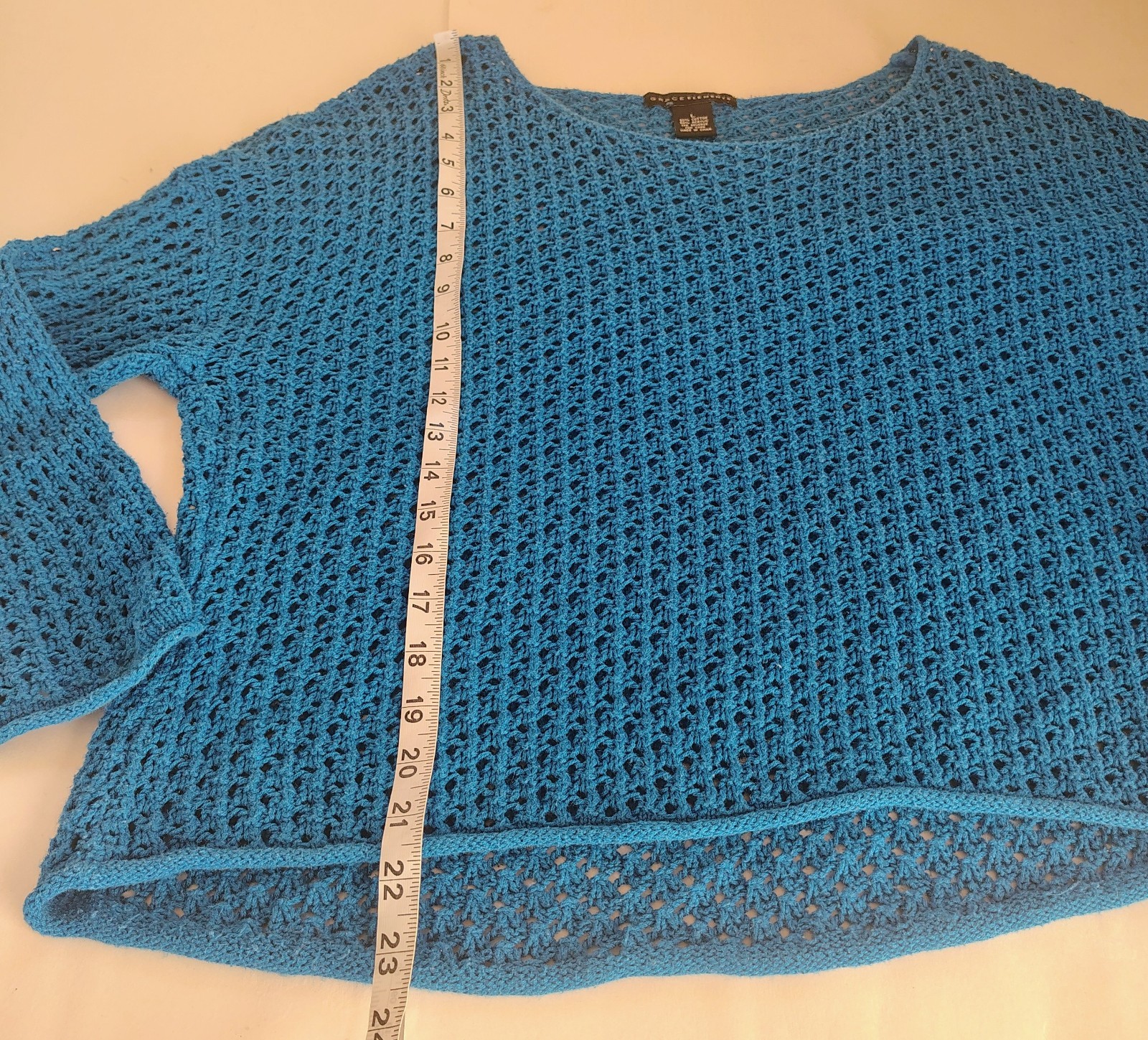 Grace Elements Sheer Open Stitch Crochet Top Sz L Coastal Nautical Beach Preppy