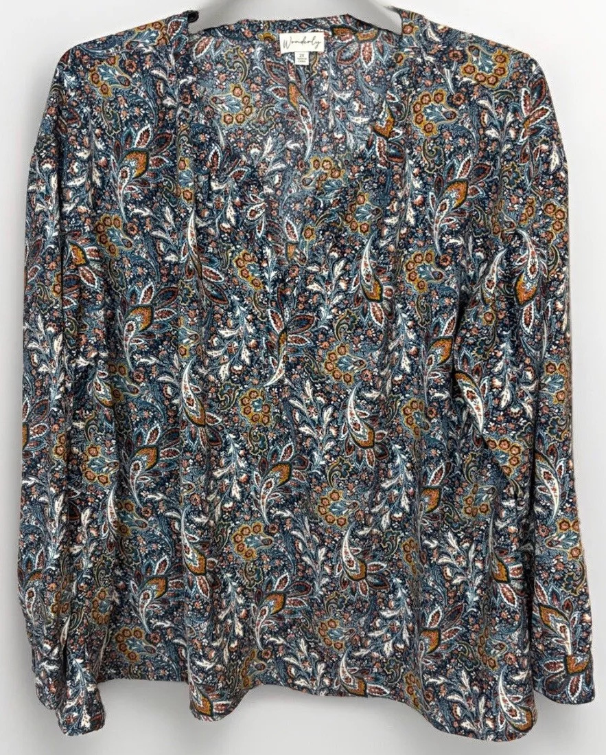 Wonderby Top Women’s XXL Multi Colors Blue & Neutral Long Sleeve Paisley V-Neck