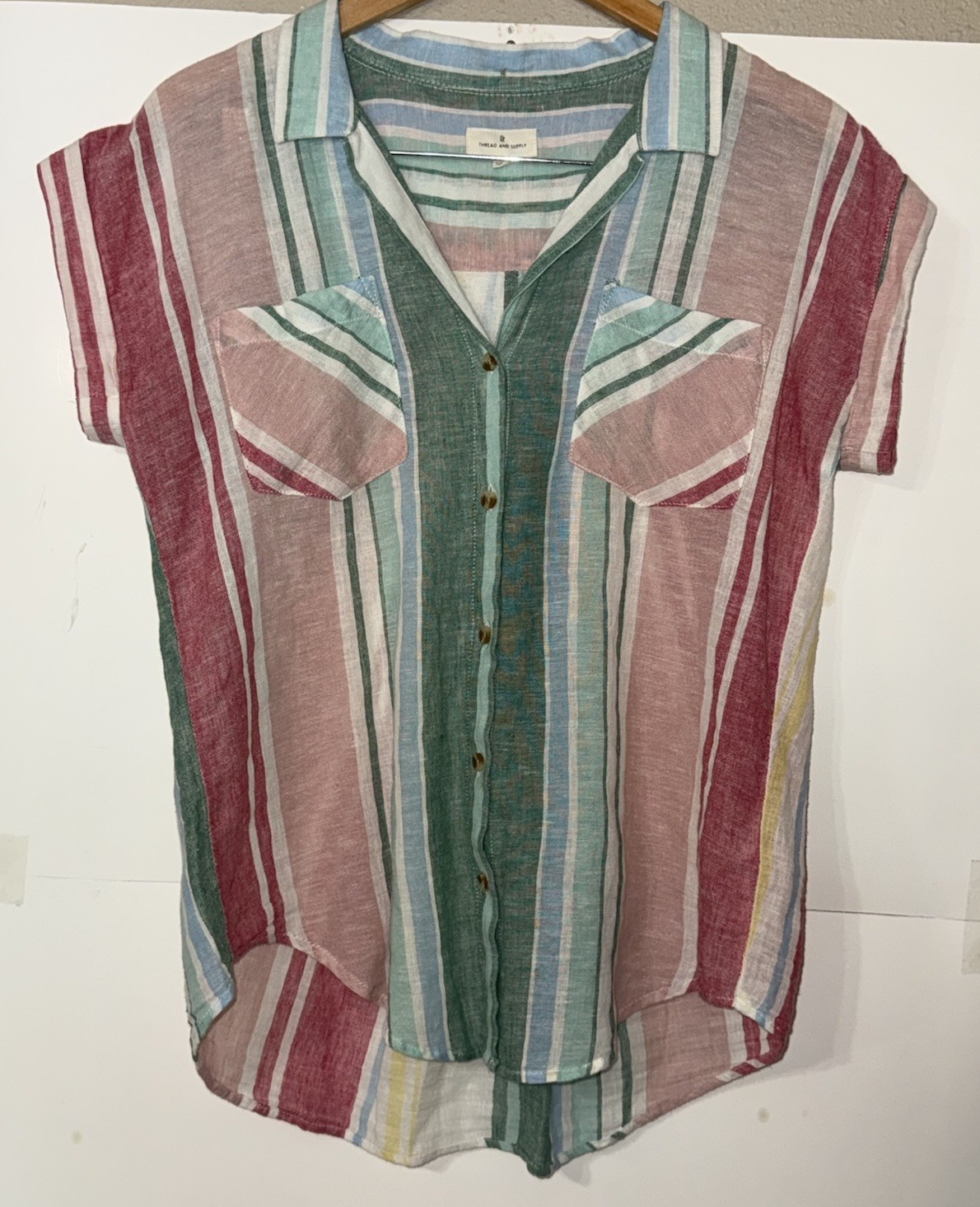 Thread Supply StripeLinen Cotton Button Up Shirt Small Desert Flower Lightweight