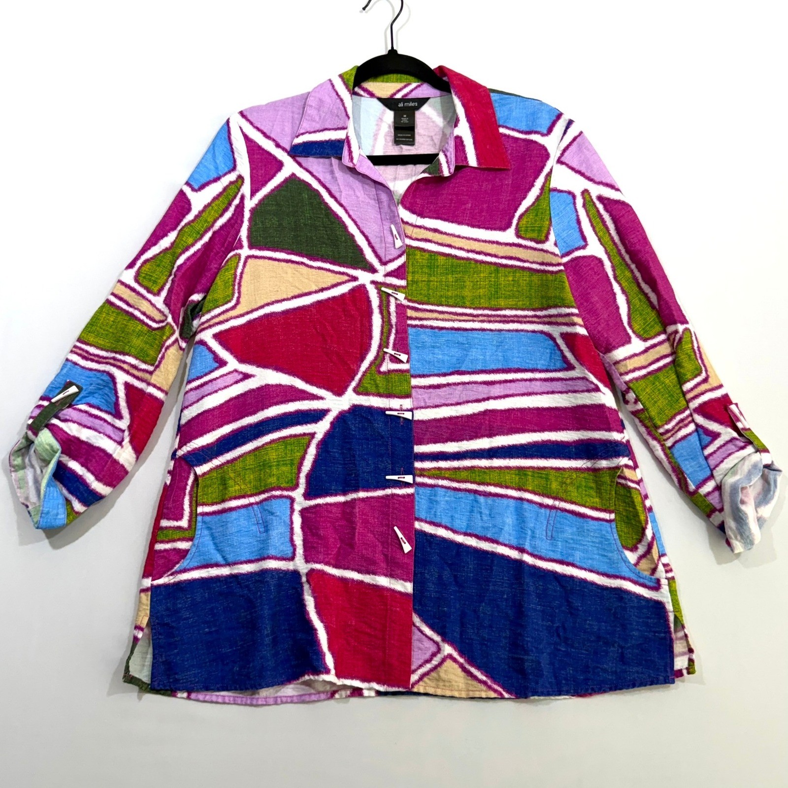 Ali Miles Abstract Geometric Tunic Jacket Medium Multicolor Toggle Button Pocket