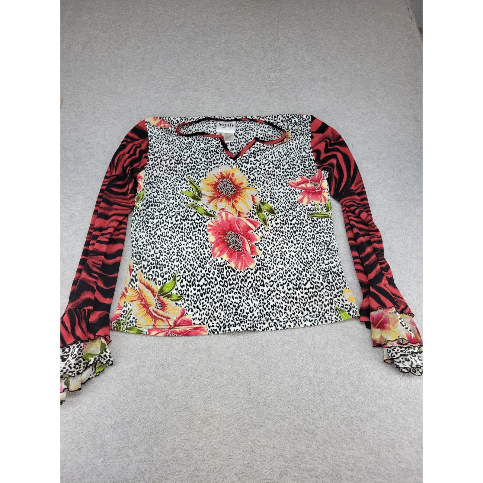 Vanity Womens XL Y2K Mixed Animal Floral Print Ruffle Cuff Sequin Blouse Top