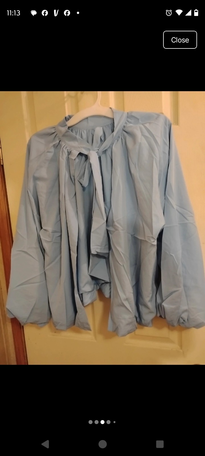 Women’s Blue Solid Tie Neck Long Sleeve Balloon Ruffle Cuff Blouse M