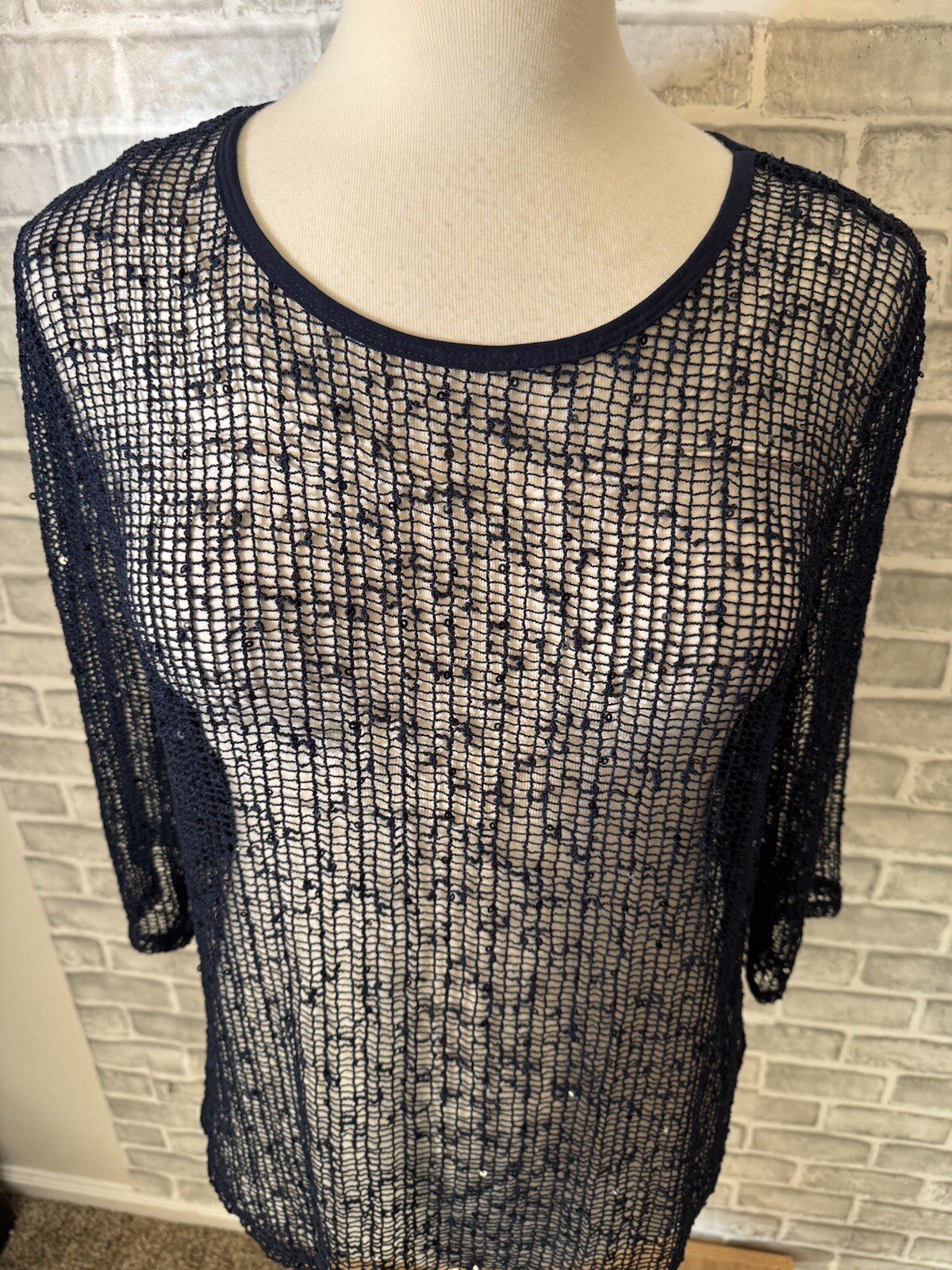 Drapers and Damons XL Navy Blue Sequined Loose Weave Mesh Pullover Top 3/4 SLV