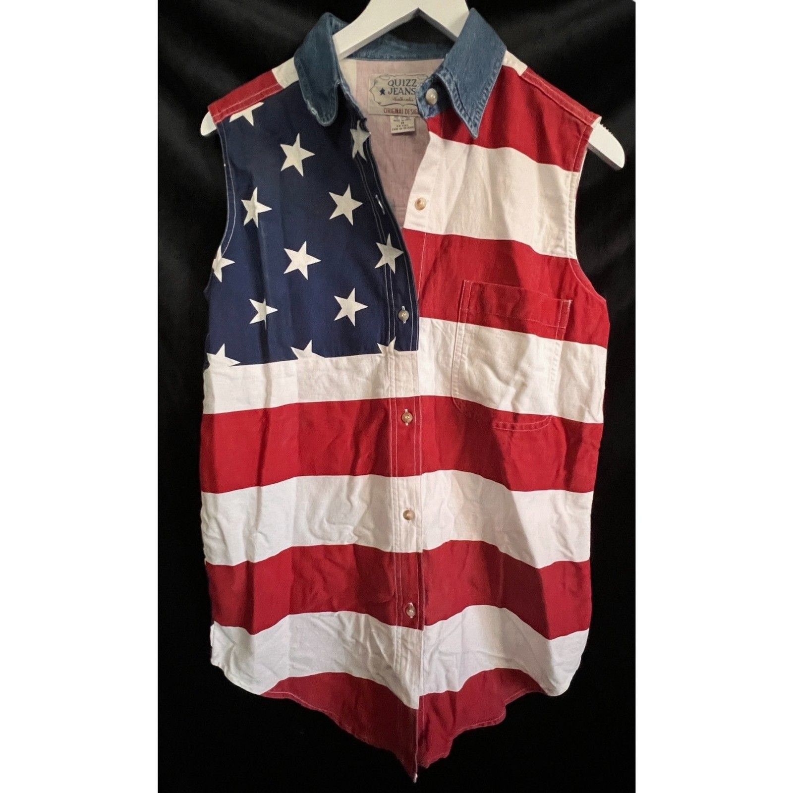 Vintage Quizz Again Jeans Co Sleeveless Red White Blue Patriotic Flag USA Medium