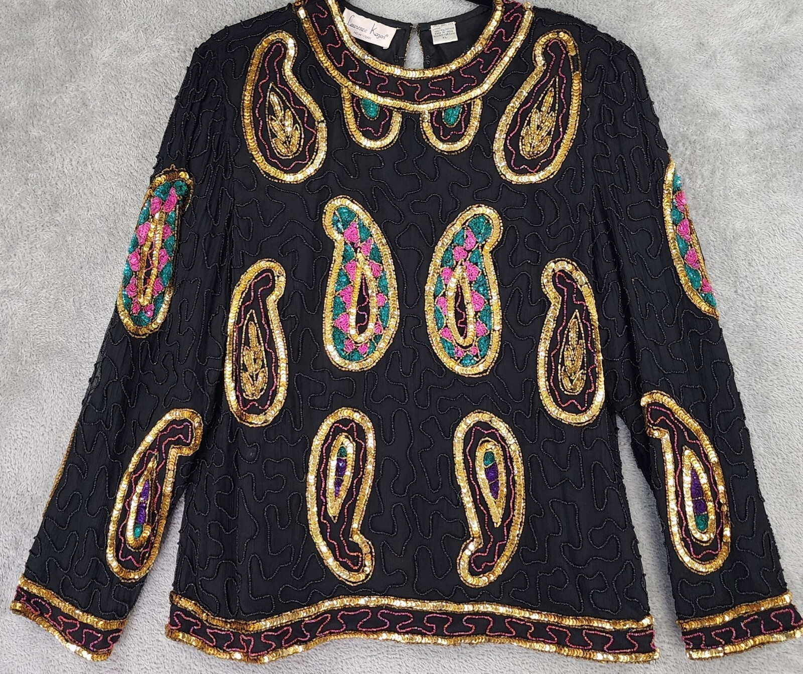 Laurence Kazar Shirt Womens XL Black Silk Gold Sequined Long Sleeve Vintage