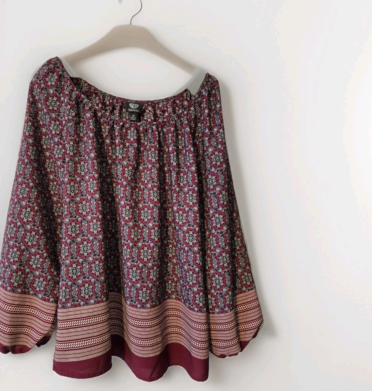 Bobeau Womens Long Sleeve Boho Top Blouse Floral Striped Relaxed Fit Sz Med