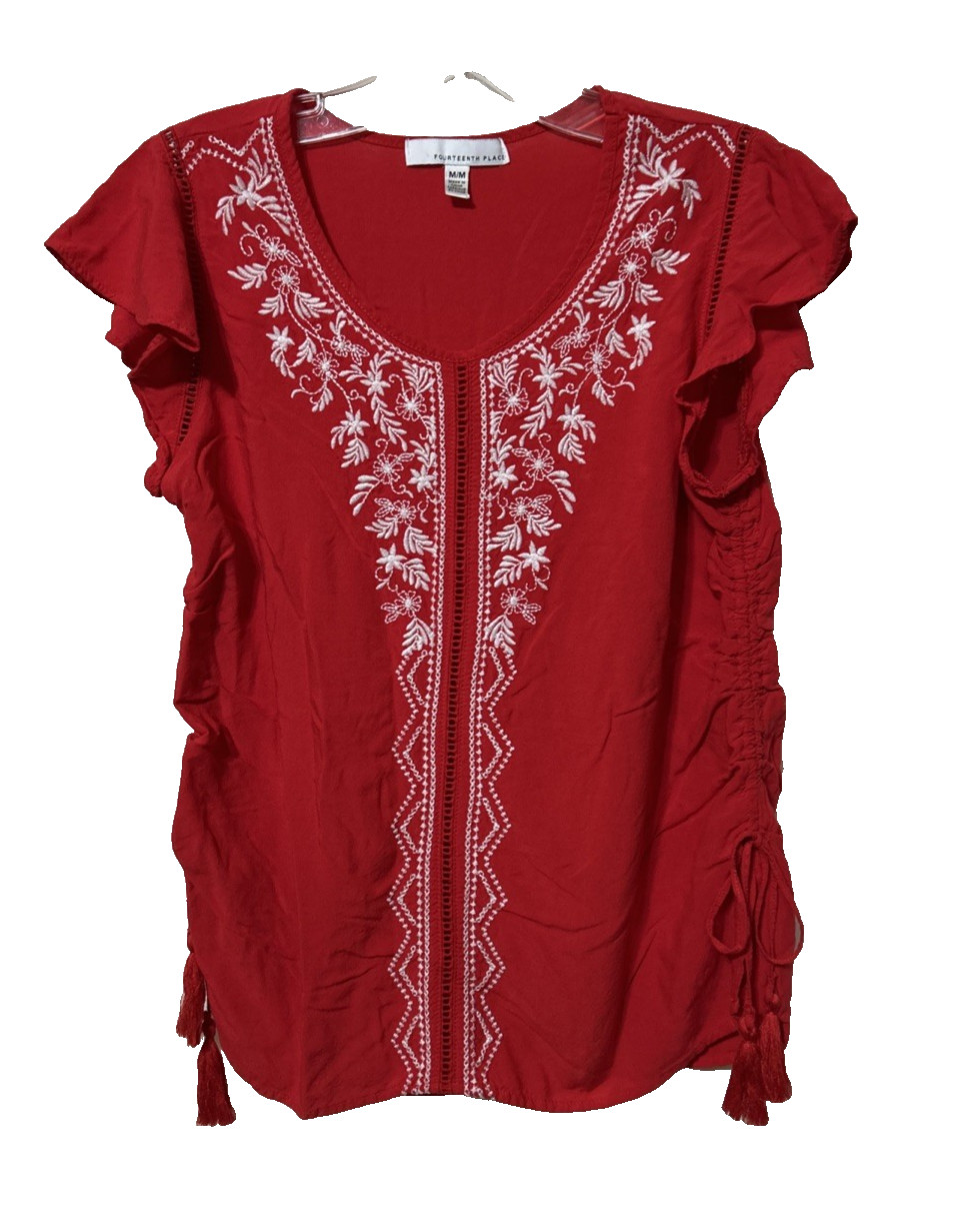 Fourteenth Place Red Side Adjustable Blouse Top Tassels Embroidered Size M