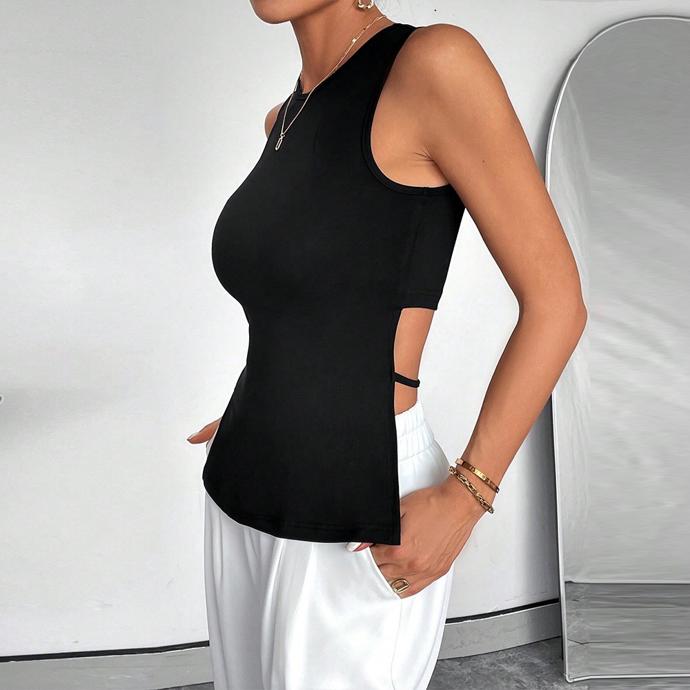 Women’s Crew Neck Side Cutout Sleeveless Ribbed Crop Tank Top Shirt S M L XL