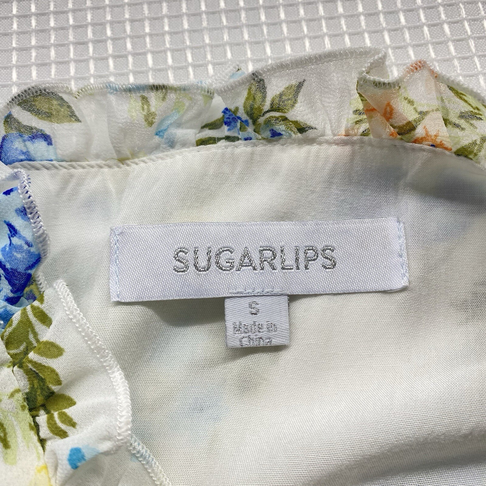 Sugar Lips Blouse Womens Small Balloon Sleeve Blue Floral V-Neck Ruffle Top