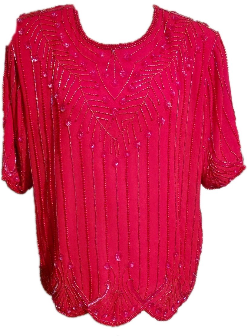 Krishma Red Hand Beaded Sequined Blouse Short Sleeve Lined Party Cocktail SZ XL