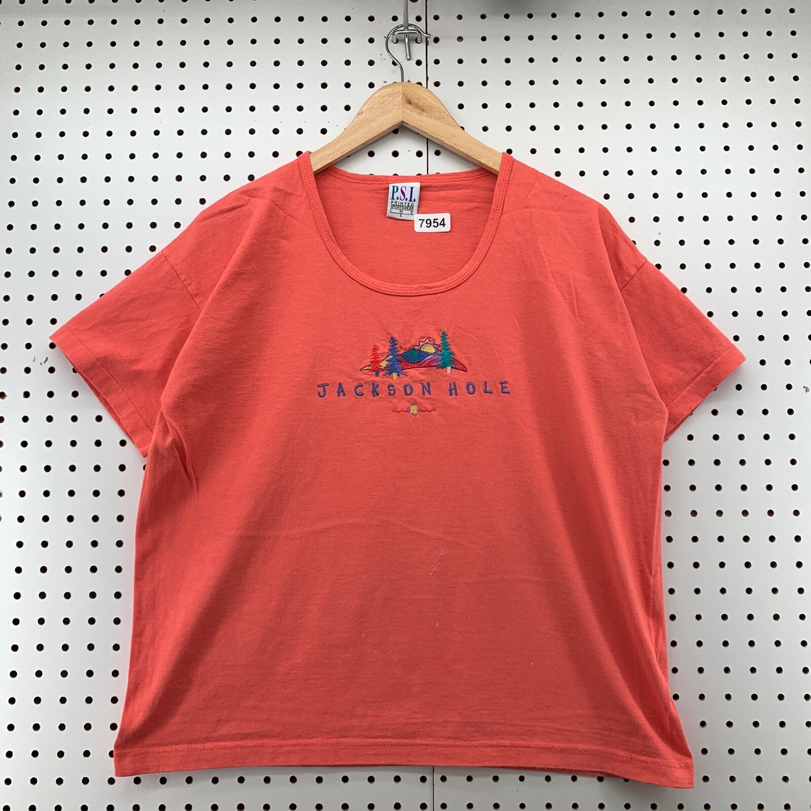 Vintage 90 Jackson Hole Shirt Womens Large Coral Pink EMbroidered 21×23.5