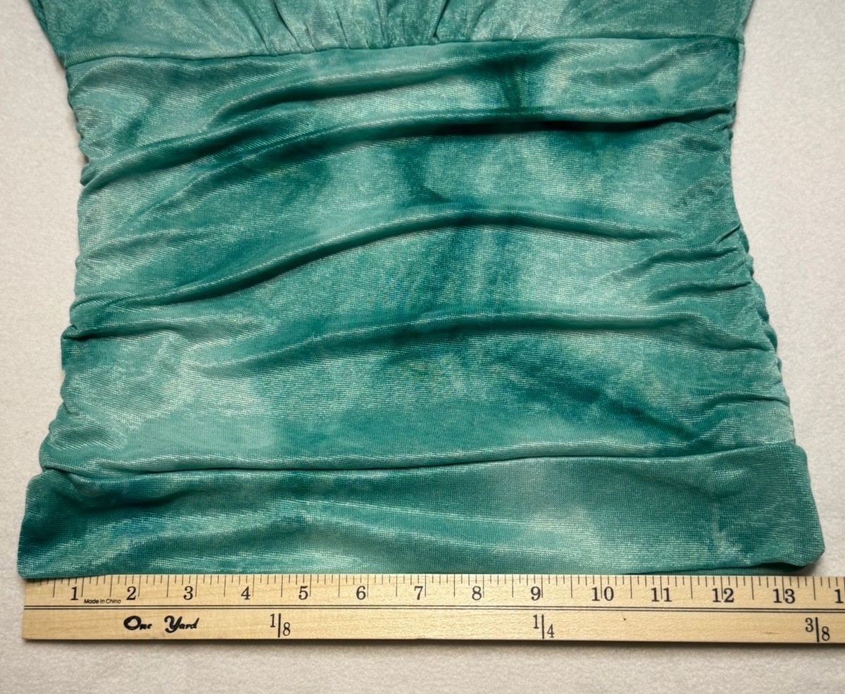HeartSoul Boho Teal Shimmer Ruched Crochet Lace Trim Top Size Small