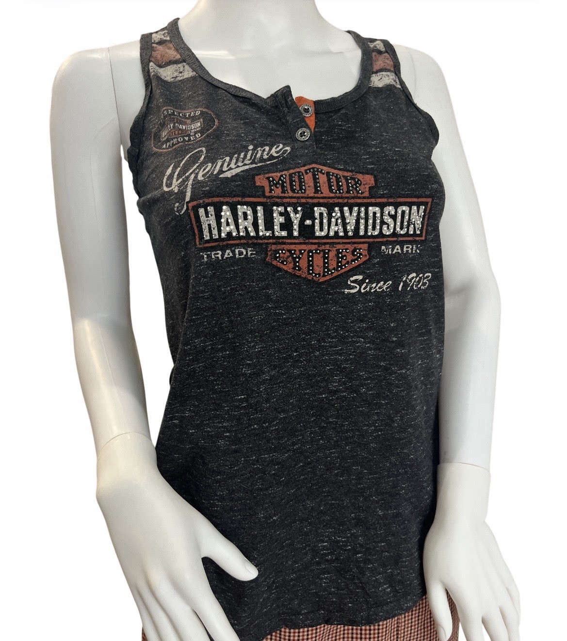 Vtg Harley-Davidson Womens Genuine Oil Can Tank Top T-Shirt Sz XS Charcoal Black