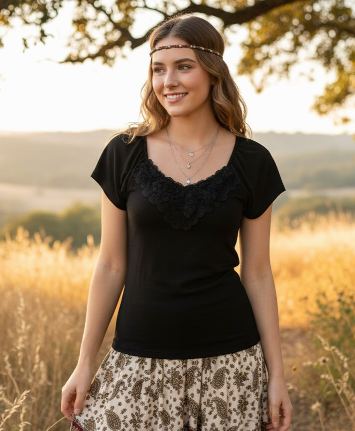 Brittany Black L M Top Black Rosette V Neck Y2K Boho Fairy Grunge Festival Indie