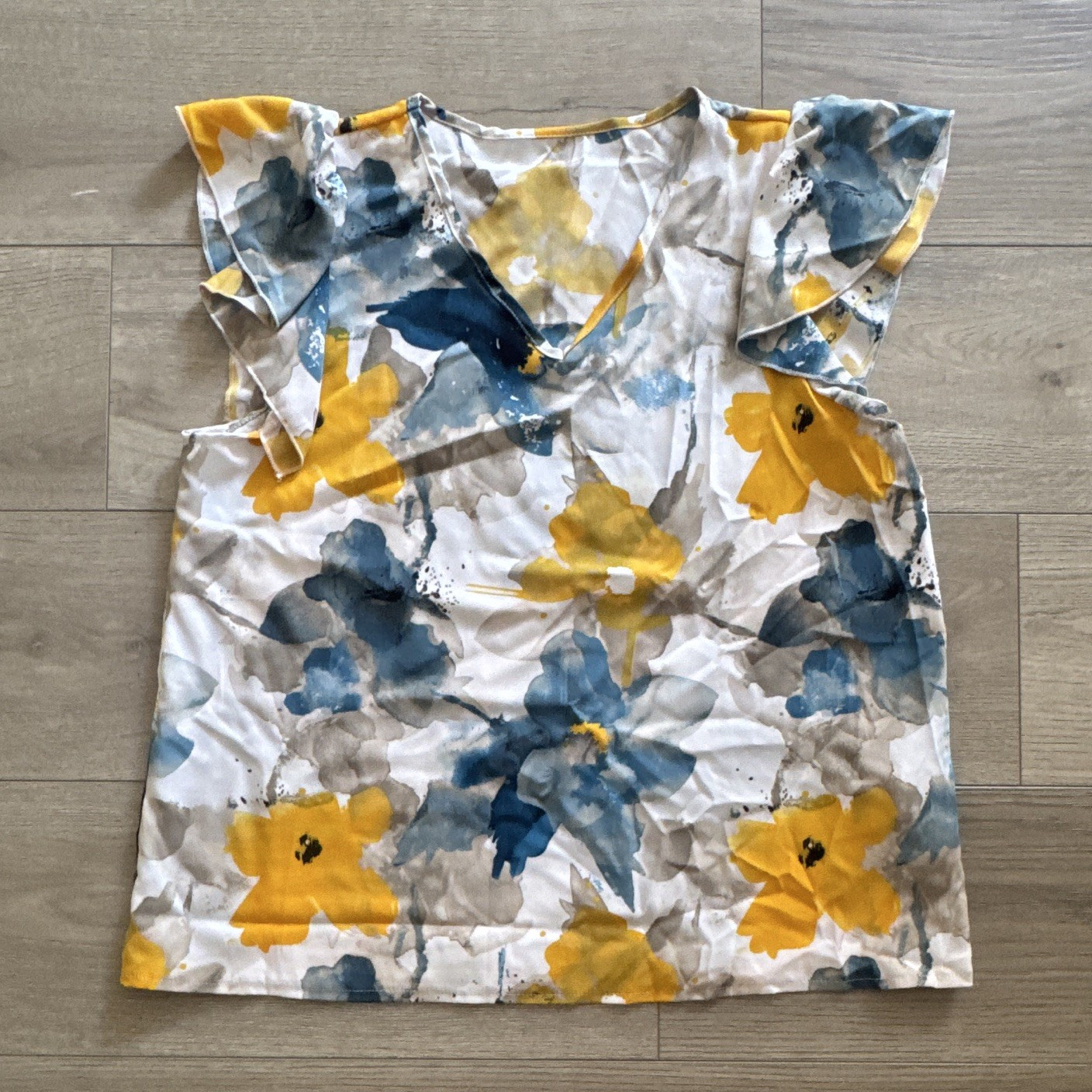 Women’s Yellow/Blue/White Floral Round Neck Flutter Sleeve Ruffle Blouse XL