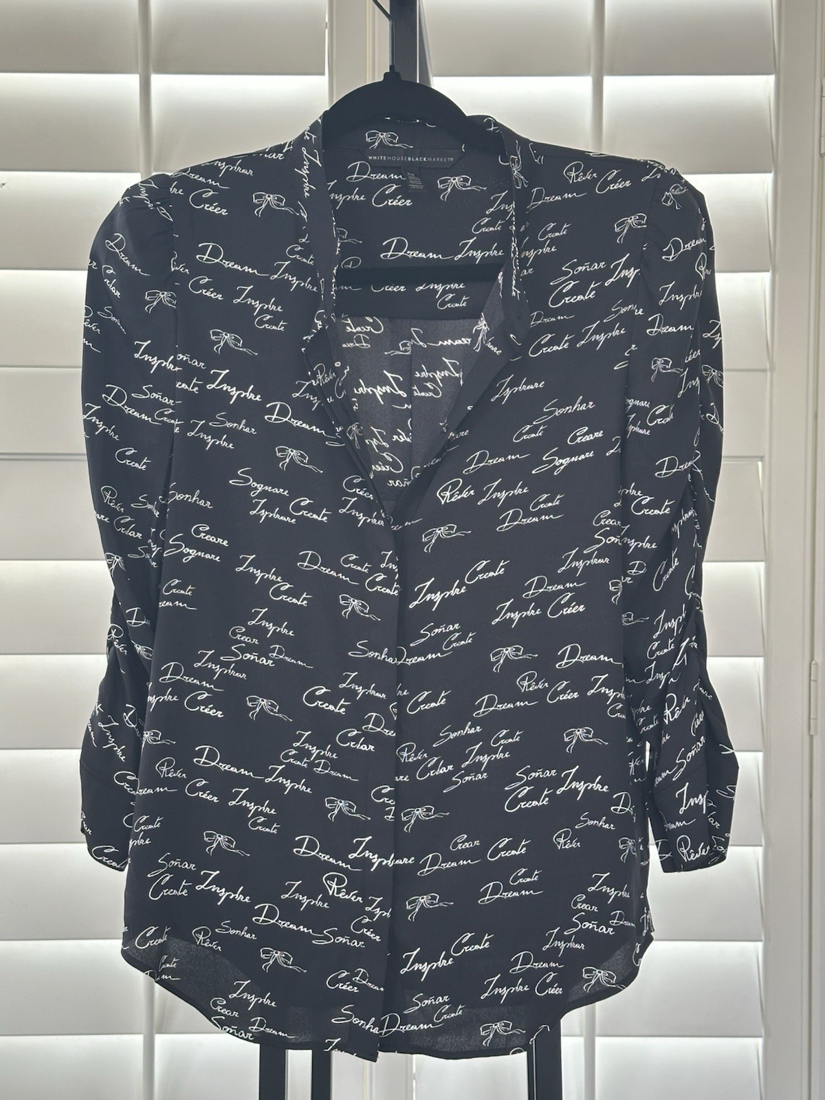 WHBM Black And White, Ruched 3/4 Sleeve, Button Top, Size Xs
