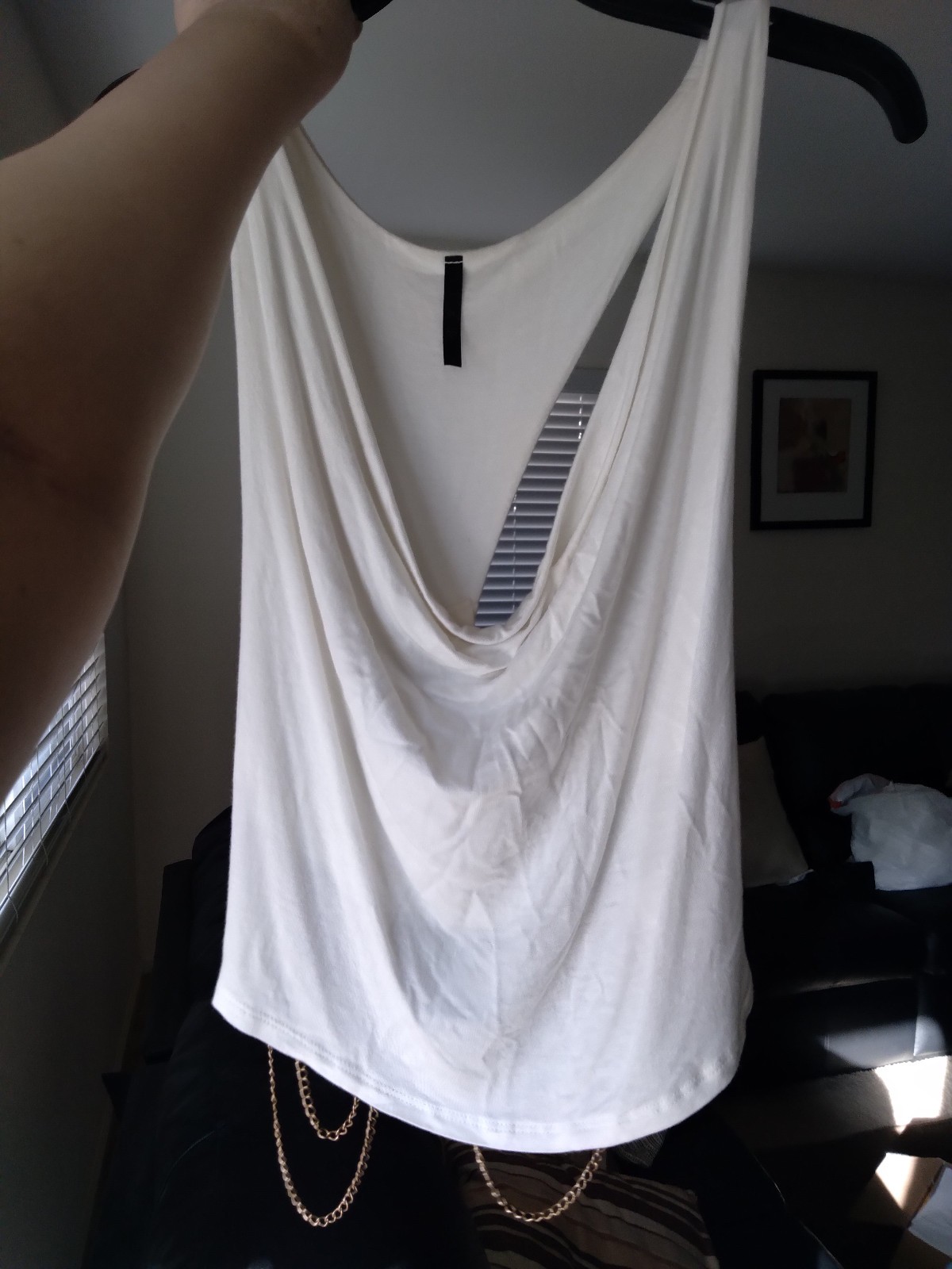 Vintage Y2K Shelly White Cowl Neck Backless Top with Gold Bronze Chain Size S