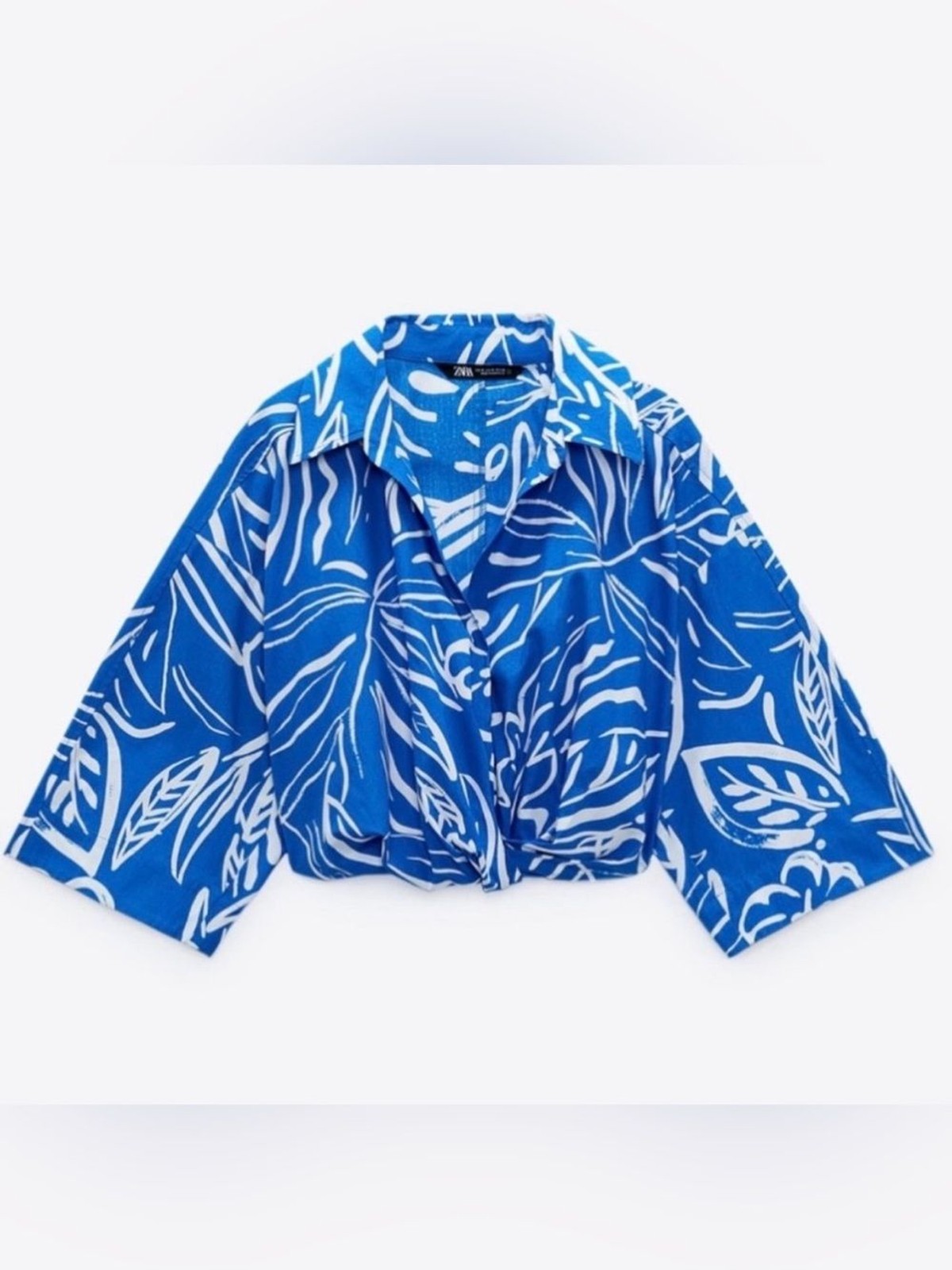Zara Blue & White Tropical Crop Blouse Size Small