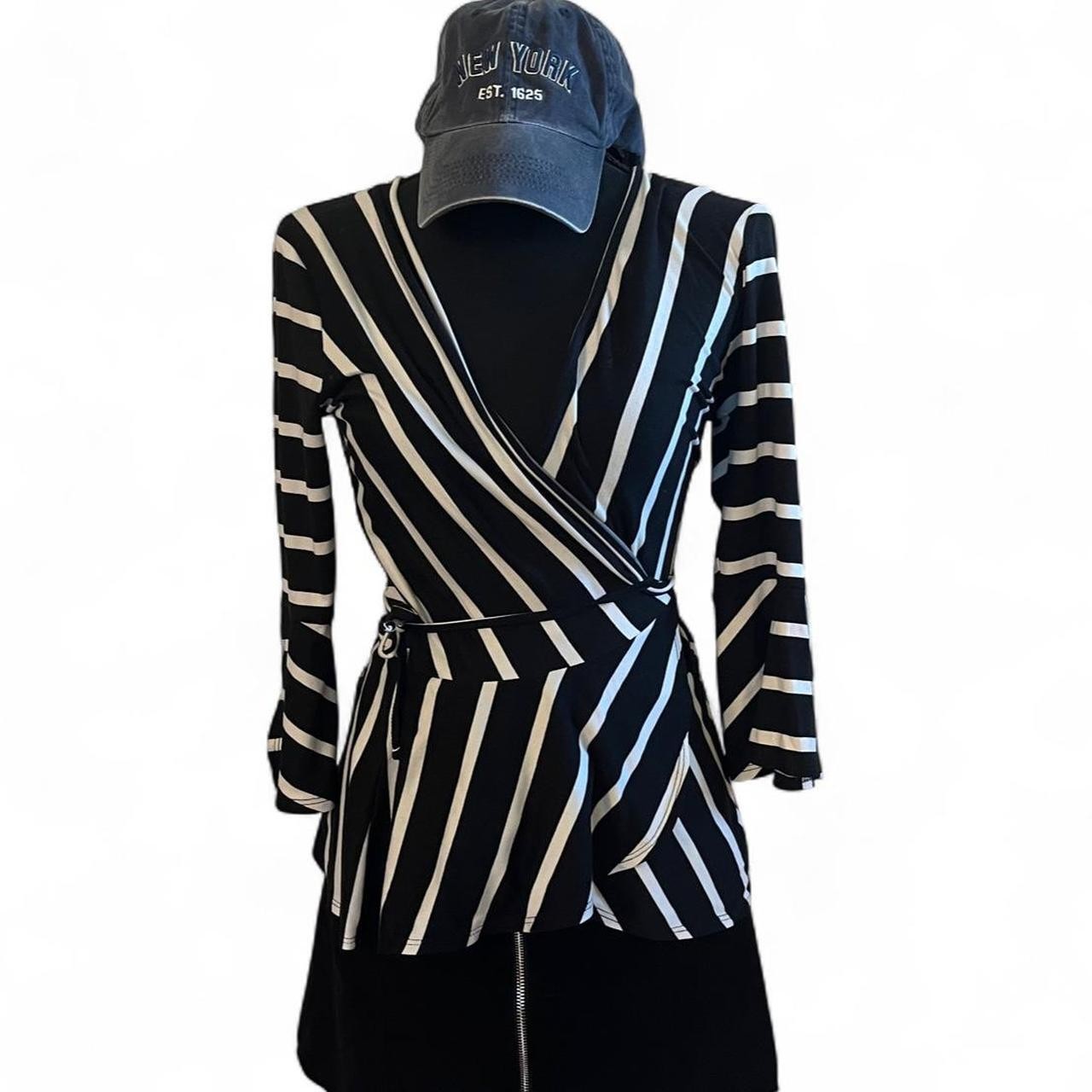 BCX Black & White Striped Whimsygoth Goth Y2K Bell Flare Sleeve Wrap Top Women S