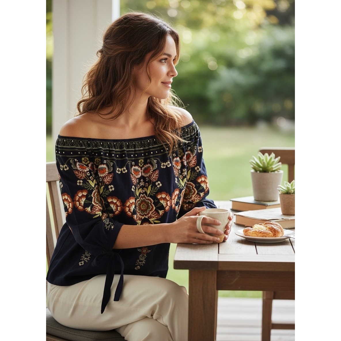 Love Tree Navy Blue Floral Embroidered Off The Shoulder Boho Blouse Medium