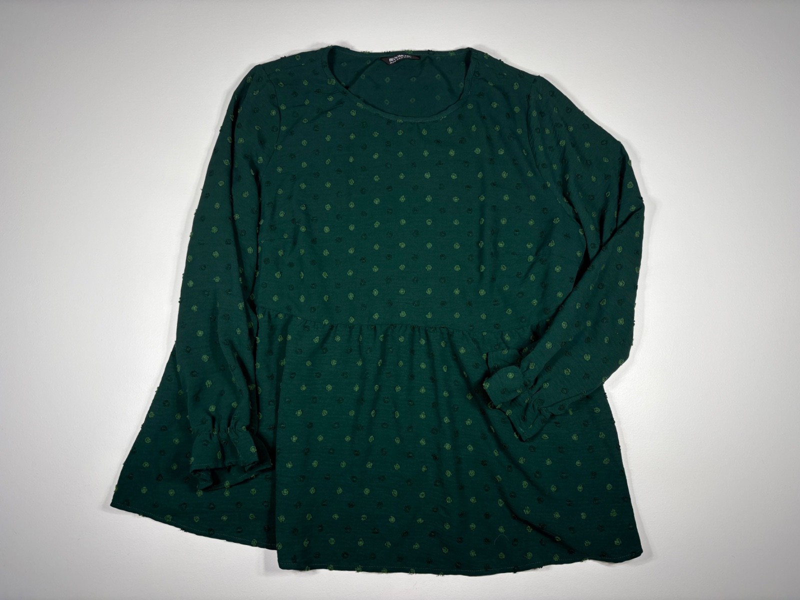 BloomChic Blouse Women XL Green Textured Peplum Boho Ruffle Sleeve Casual Top
