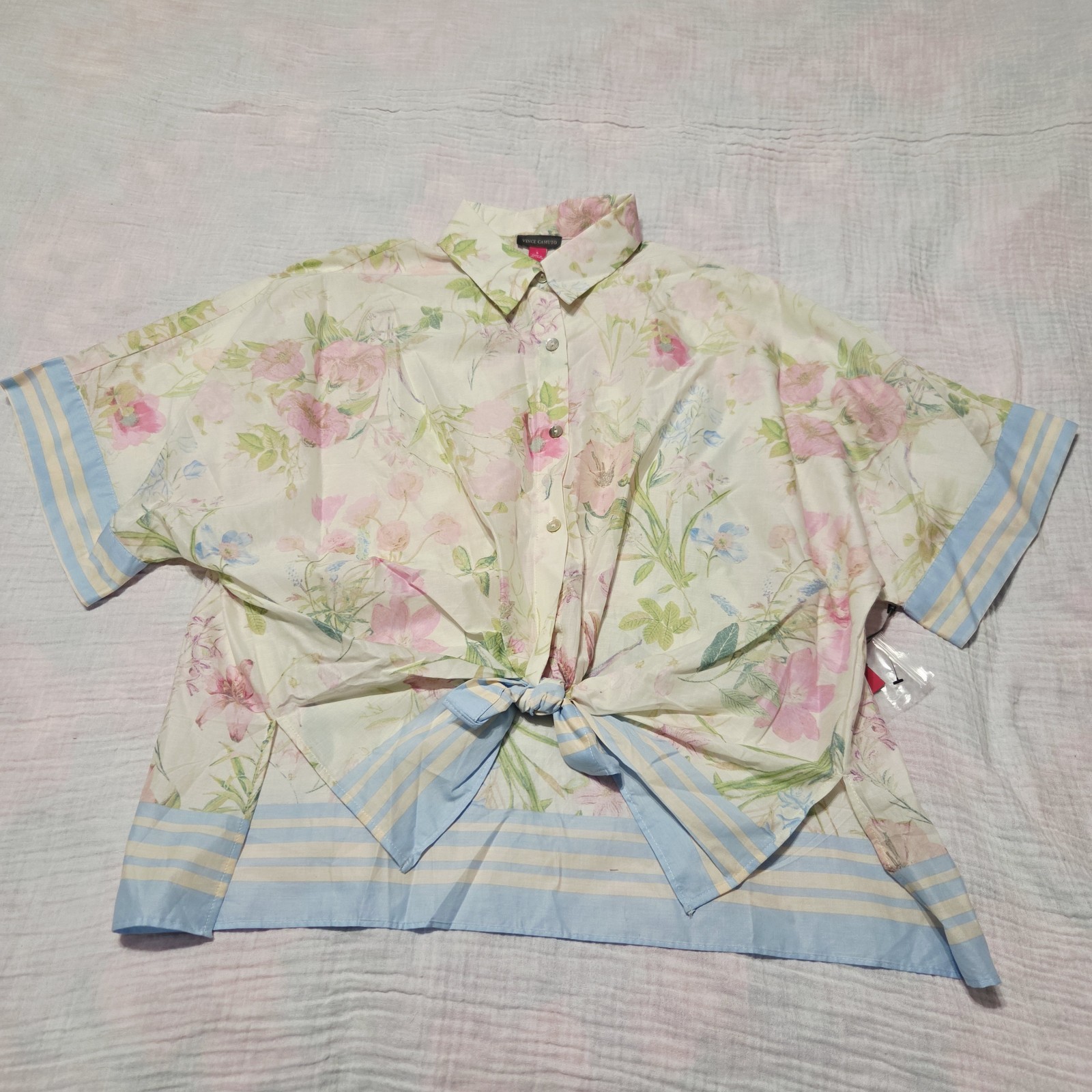 Vince Camuto Floral Tie-Front Button Down Blouse Top Blue Striped Trim Size S