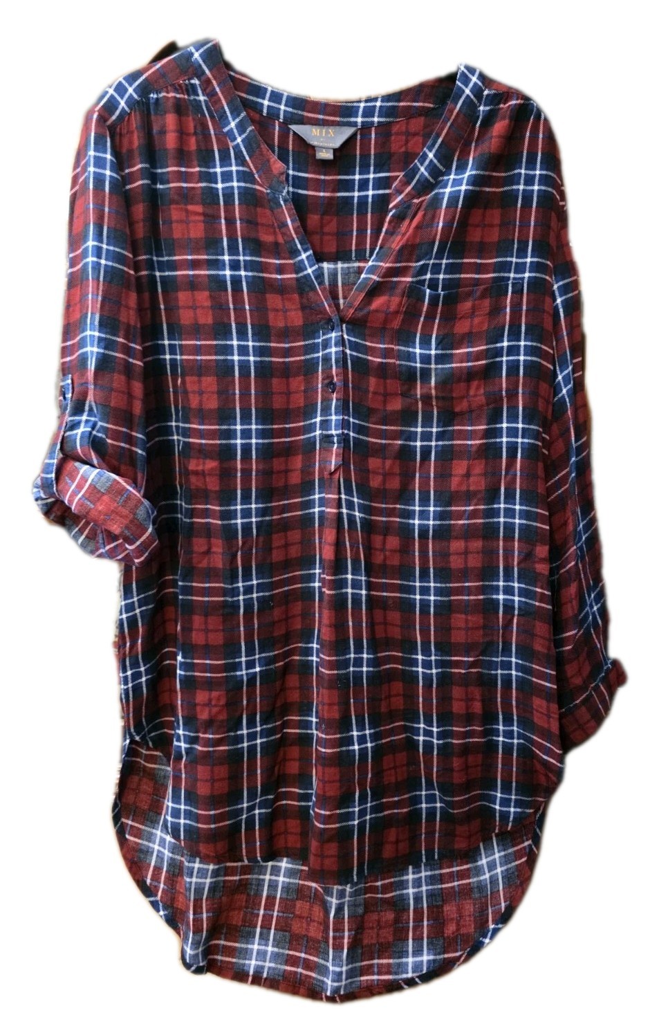 MIX By 41 Hawthorn Long Plaid Henley Tunic Size L Relaxed Americana Modern Cabin