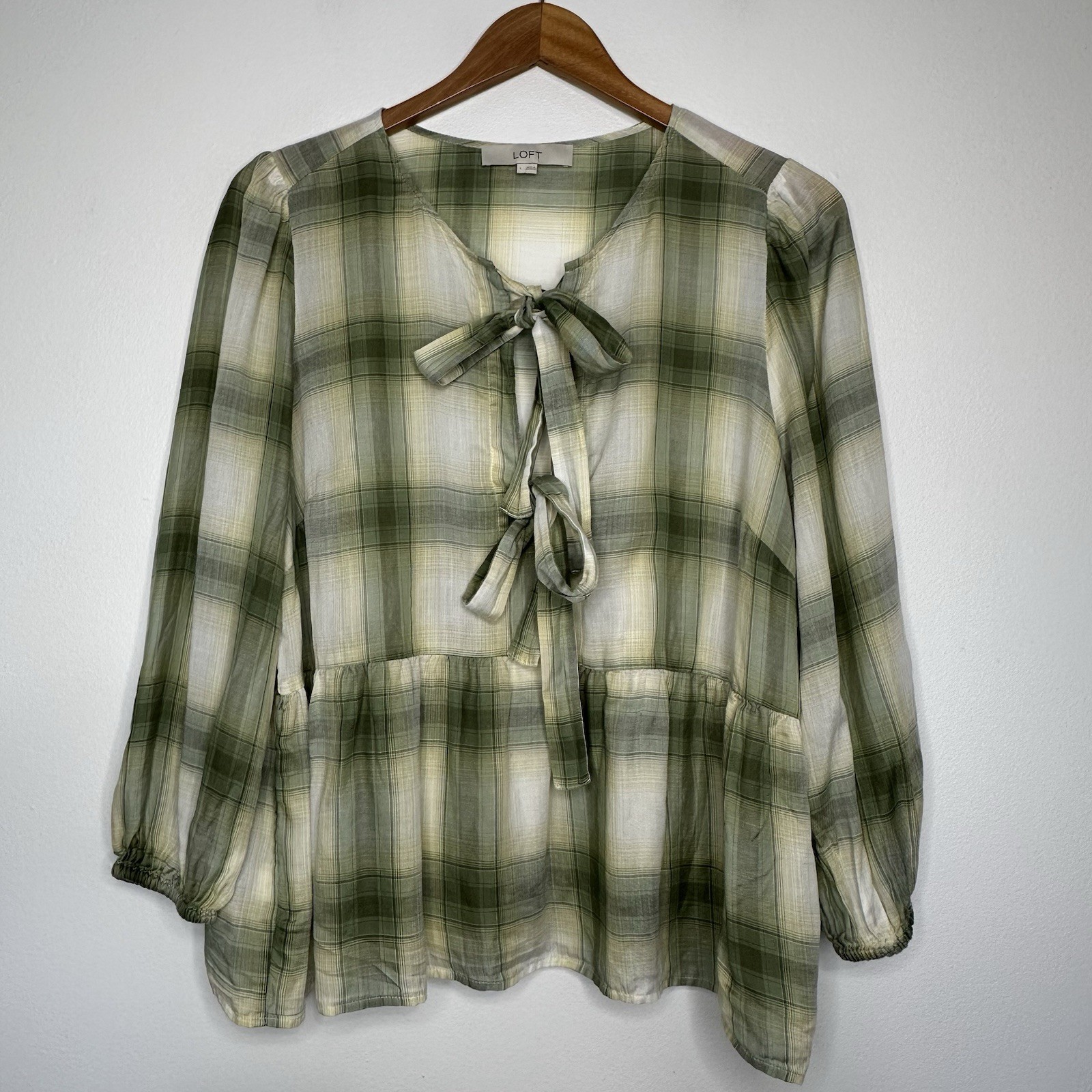 Loft Peasant Plaid Top Womens Size L Green Flowy Bows Preppy Lightweight Lyocell