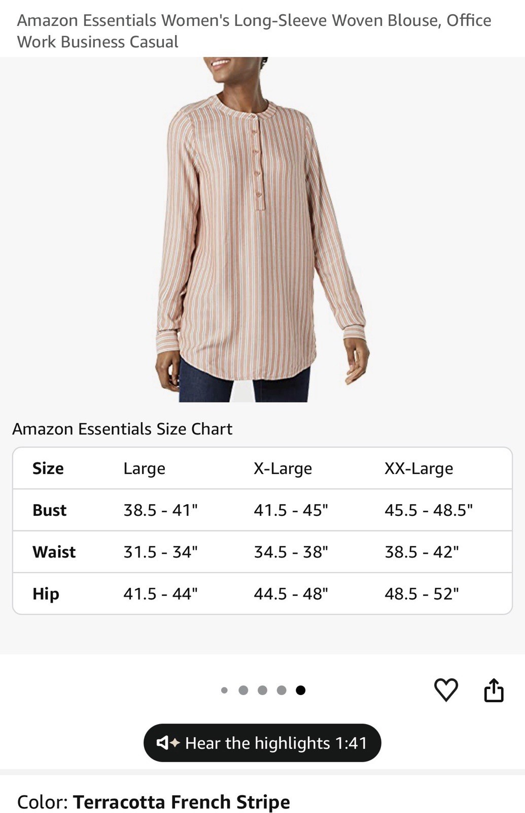 Amazon Essentials Women’s 2XL Viscose Popover Blouse Terracotta Stripe L/S