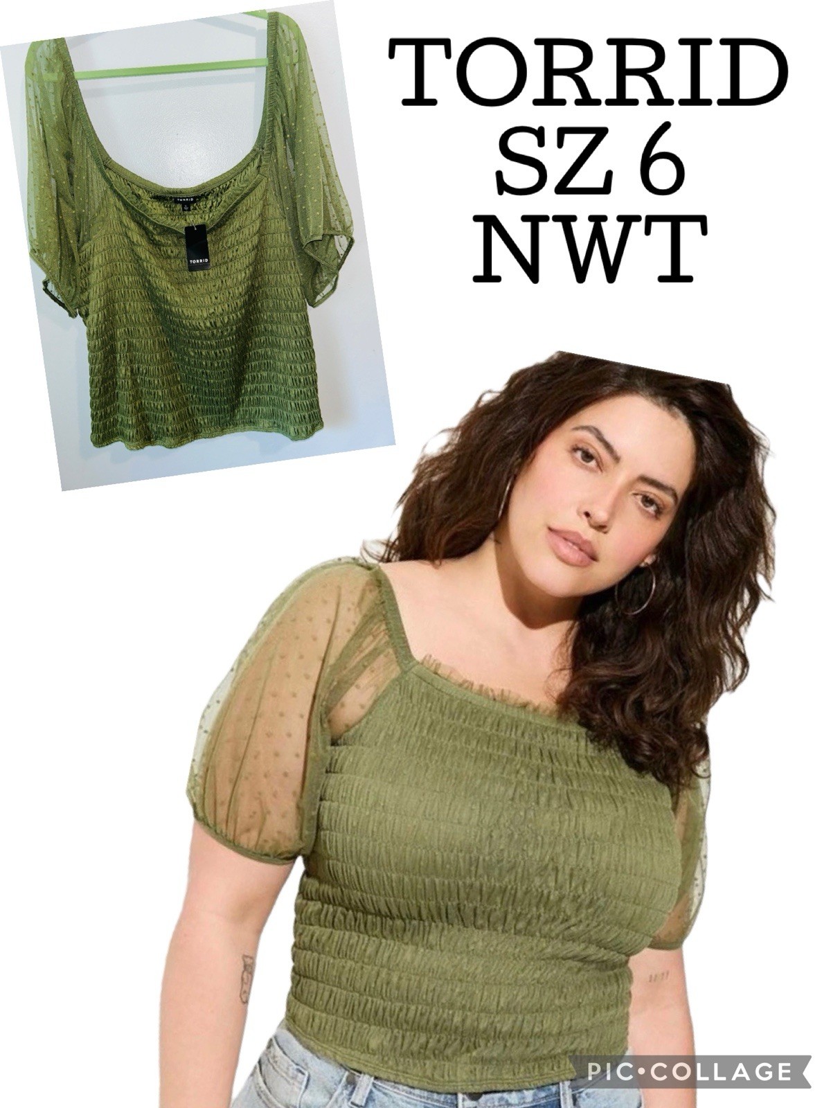 Torrid Dot Mesh Square Neck Smocked Crop Top – Olivine – NWT Size 2