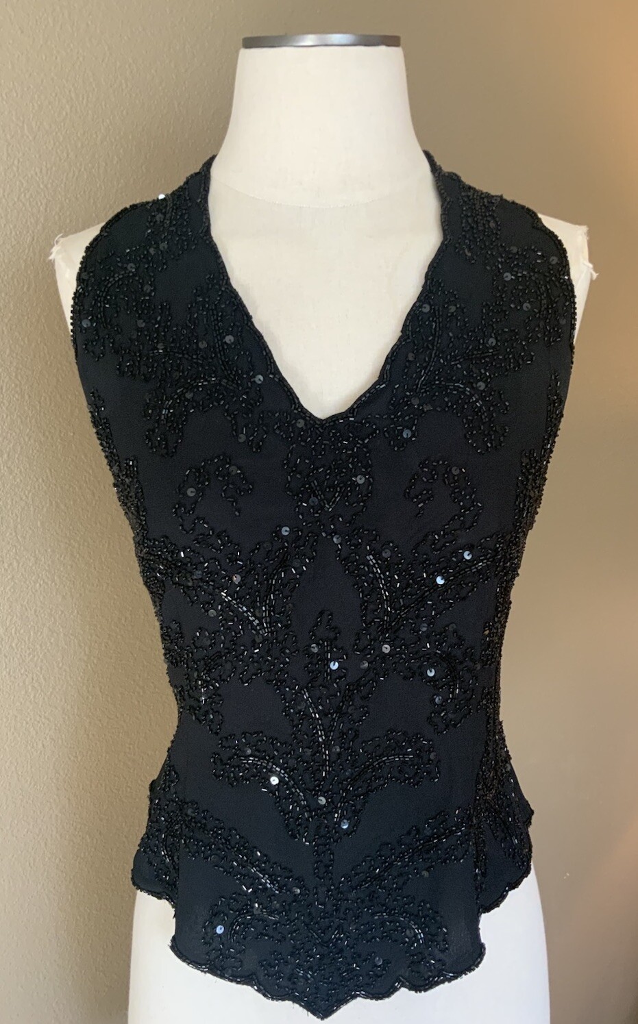 Vtg JKARA L Sleeveless V Neck Black Beaded Sequin Party Cocktail Blouse Top