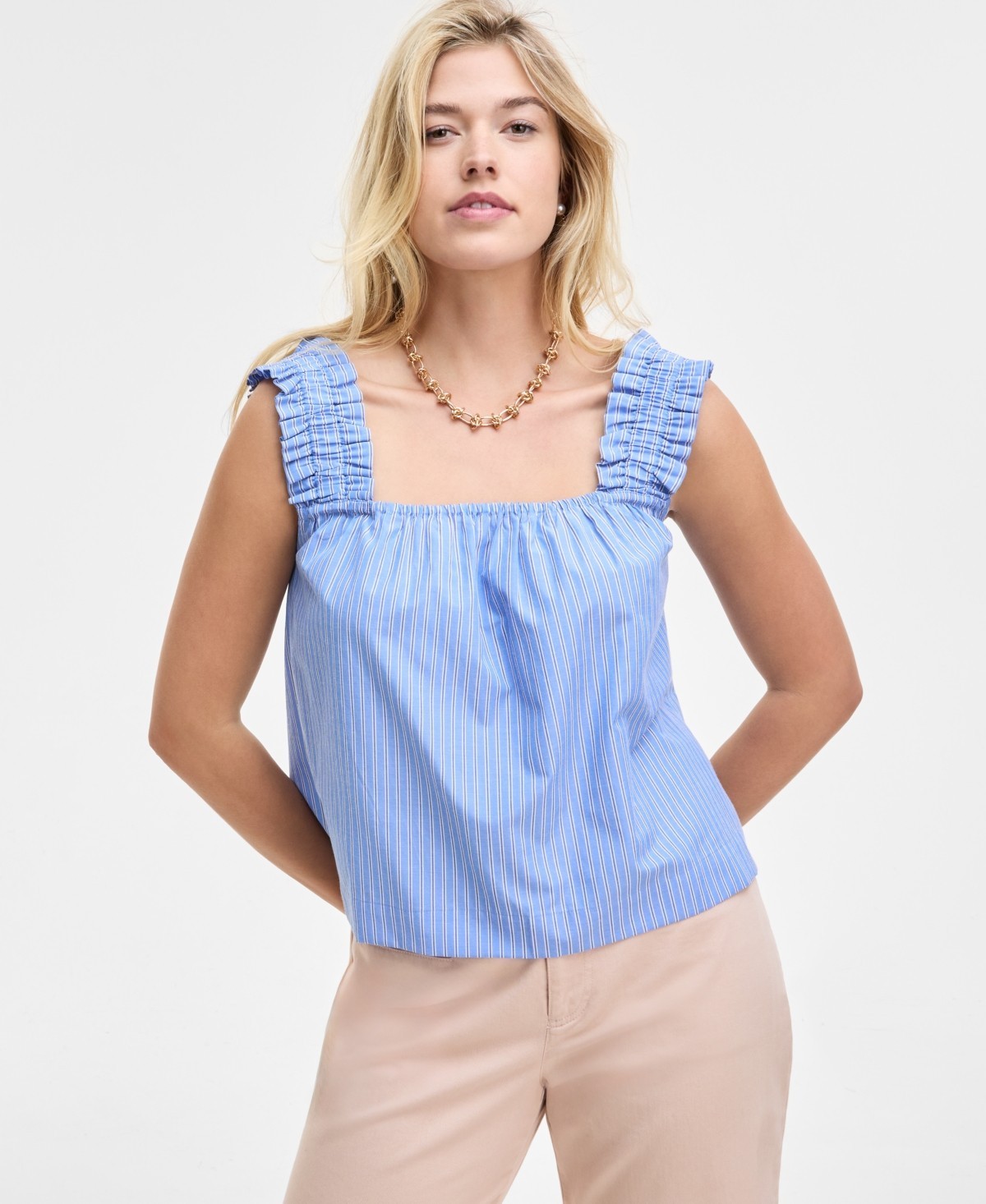 On 34th Ruched-Strap Striped Tank Women’s XL Blue Combo Sleeveless