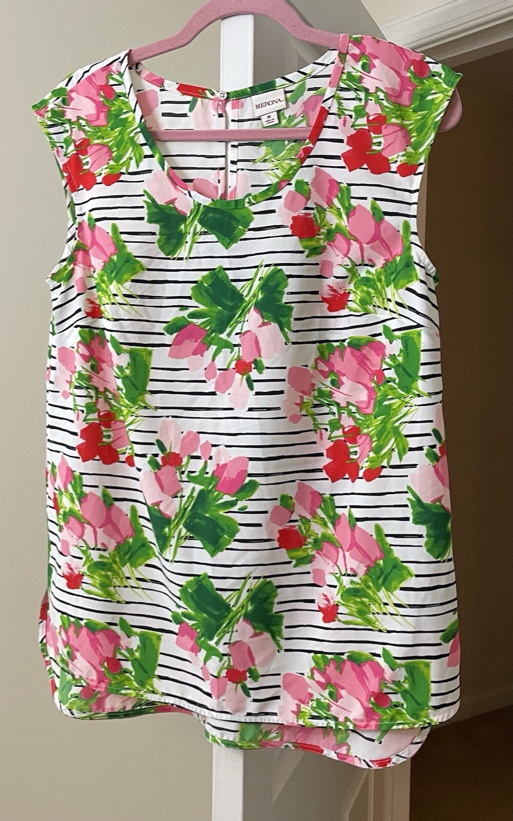 Merona Top Pink Tulip Floral Striped Coastal Gypsy Bohemian Women’s Medium