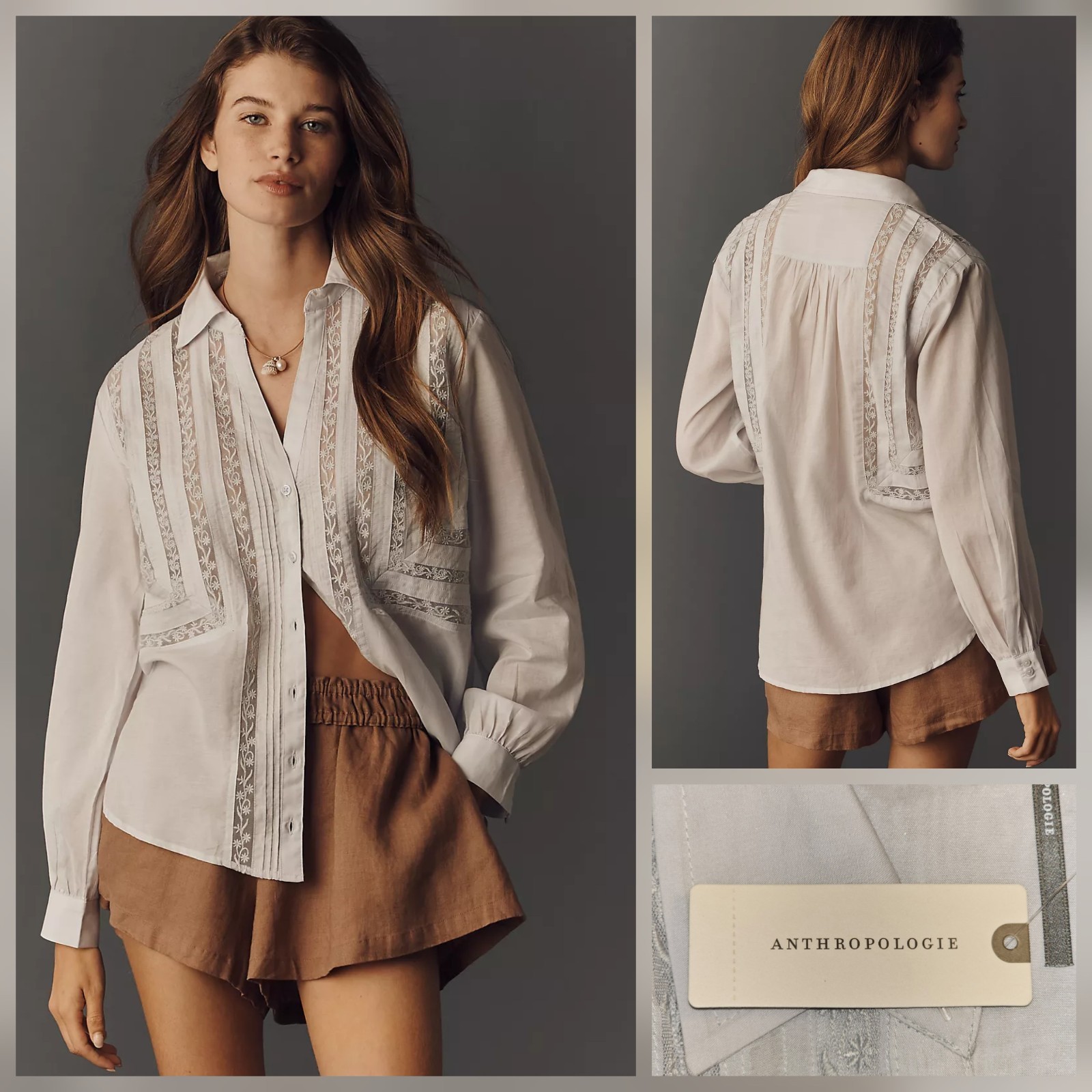 By Anthropologie Lace Inset Long-Sleeve Buttondown Top Light Blue Large NWT $138
