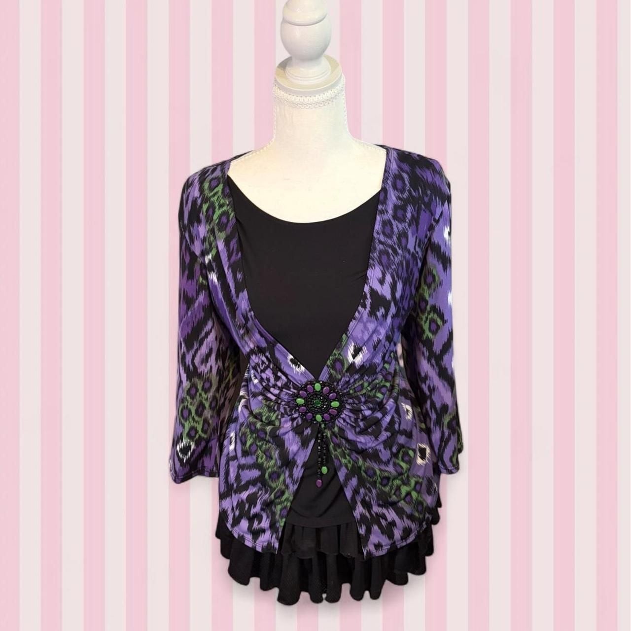 Notations 2000s Purple & Green Ikat Print Beaded Blouse Size L
