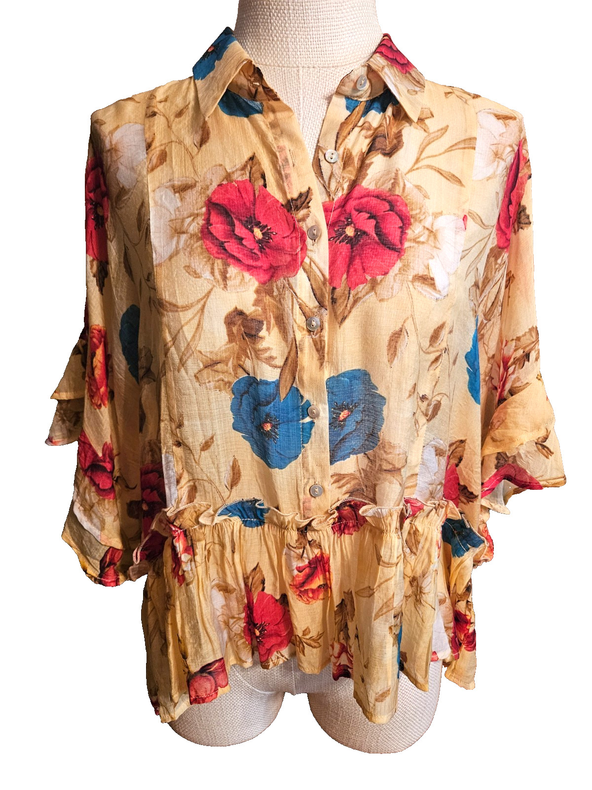 UMGEE USA size S blouse yellow multi floral print buttons collar semi-sheer EUC