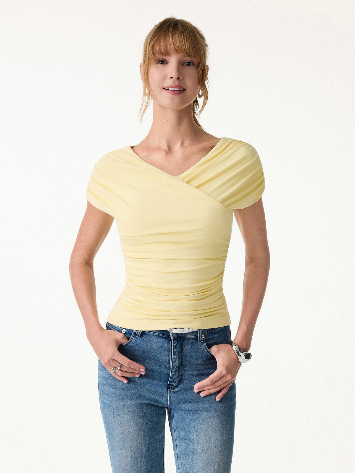 New Arrival OGLMOVE Ruched Surplice V-Neck Bra Top Stretch Fit