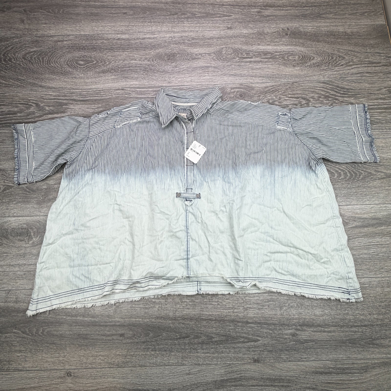 Free People Shirt Womens Small Railroad Stripe Oversized Denim Ombre Raw Hem Top