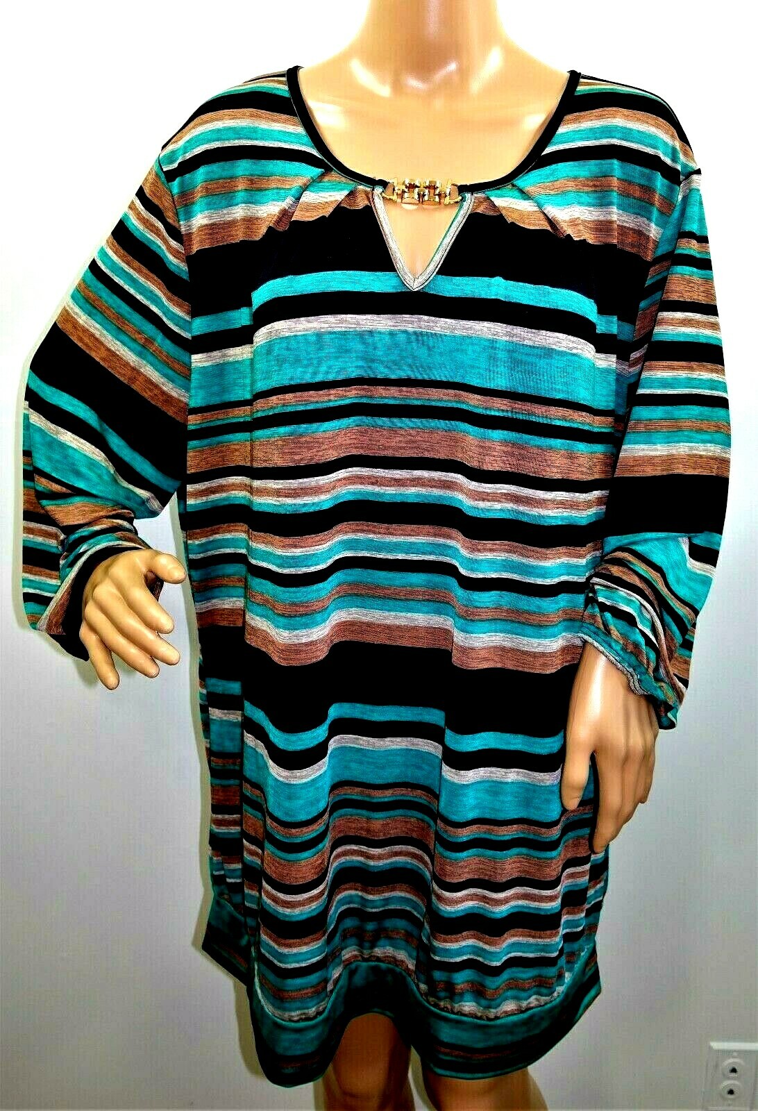 Lapis Women Plus Size 3x Green Black Striped Melange Tunic Top Blouse Shirt