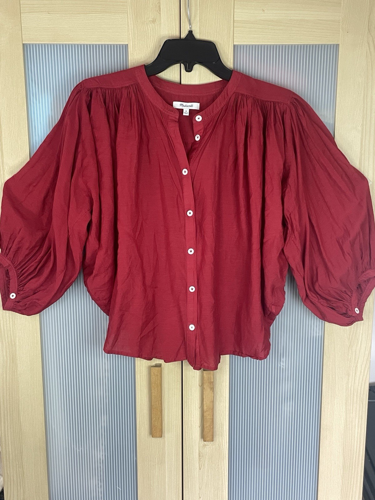 MADEWELL Shirred Balloon-Sleeve Top M Red Button-Up Blouse New Boho Peasant
