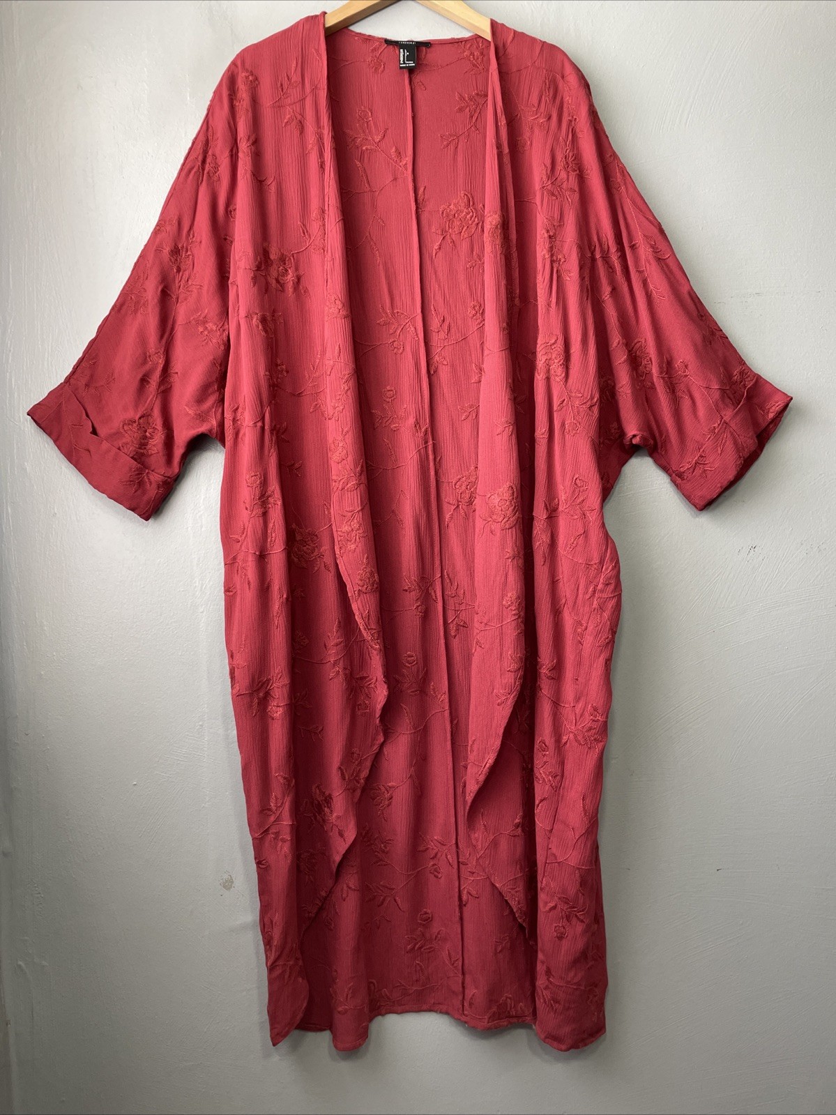 Floral Embroidered Kimono Size Large Brick Red Embroidered Duster Gauze Boho