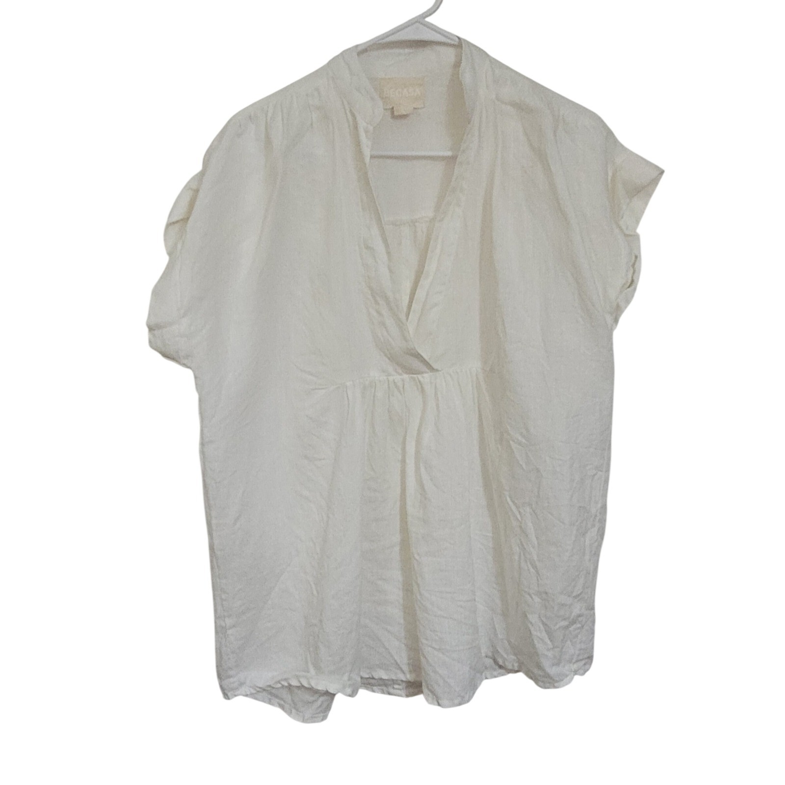 Becasa White 100% Linen V-Neck Tunic Top Short Sleeve Oversized Blouse Size S