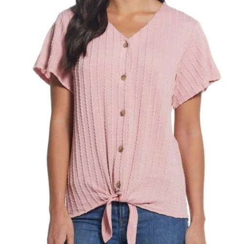 Weatherproof Vintage ~ Tie Front ~ SIZE LARGE ~ V-Neck ~ Braided Knit Top ~ PINK
