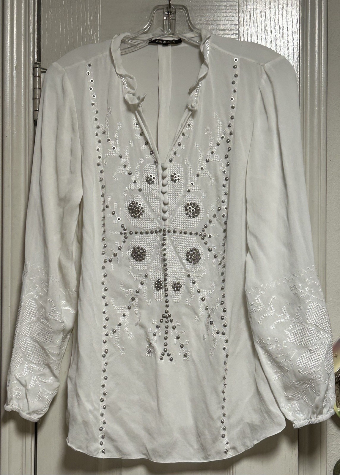 KOBI HALPERIN White Flowy Embroidered Blouse With Metal Embellishments Size M