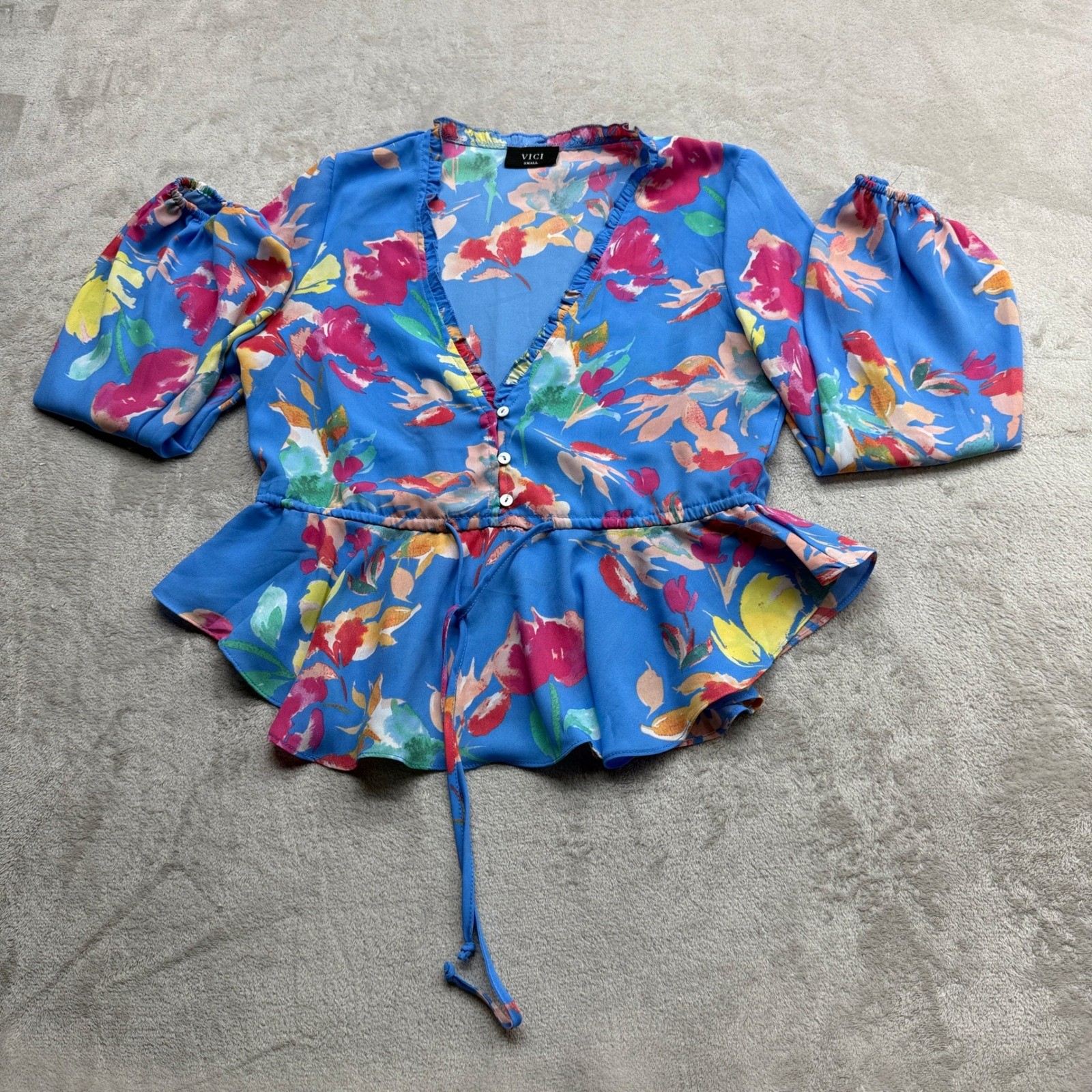 VICI Floral Peplum Blouse Womens Small Blue V-Neck Balloon Sleeve Boho Festival