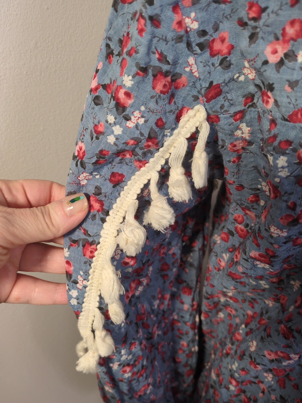 Tassels N’ Lace Blue Floral Tassel Trim Long Sleeve Blouse, Women’s Large