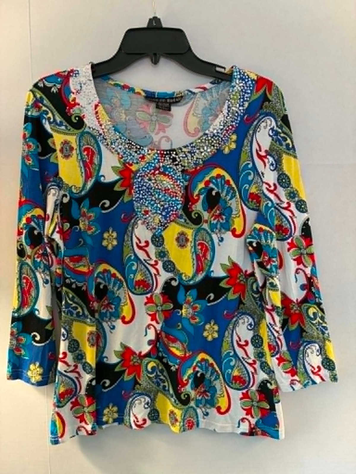 Mirror Image Womens Large Embellished Paisley Tunic Top Blue Yellow Boho Western