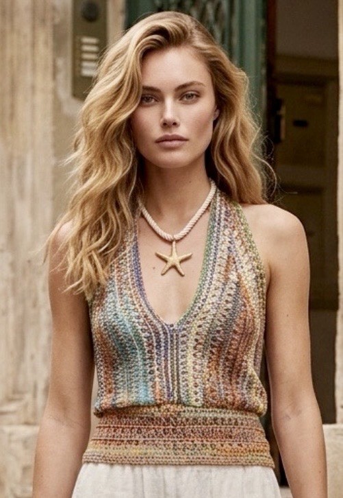 Crochet Halter Knit Top Backless w/Tie Neck & Multicolor Ombré Design S,M &L
