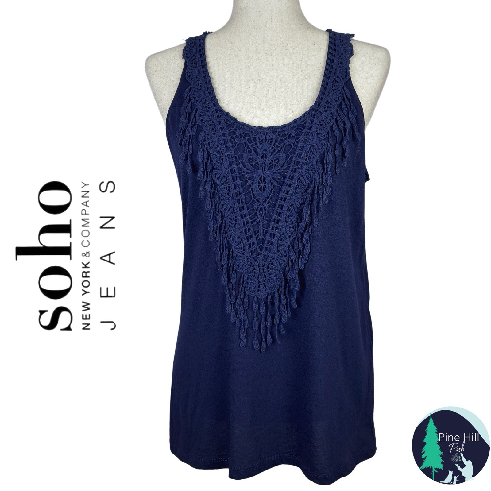 SOHO Jeans Women’s Small Navy Crochet Lace Tank Top Sleeveless Boho 100% Cotton