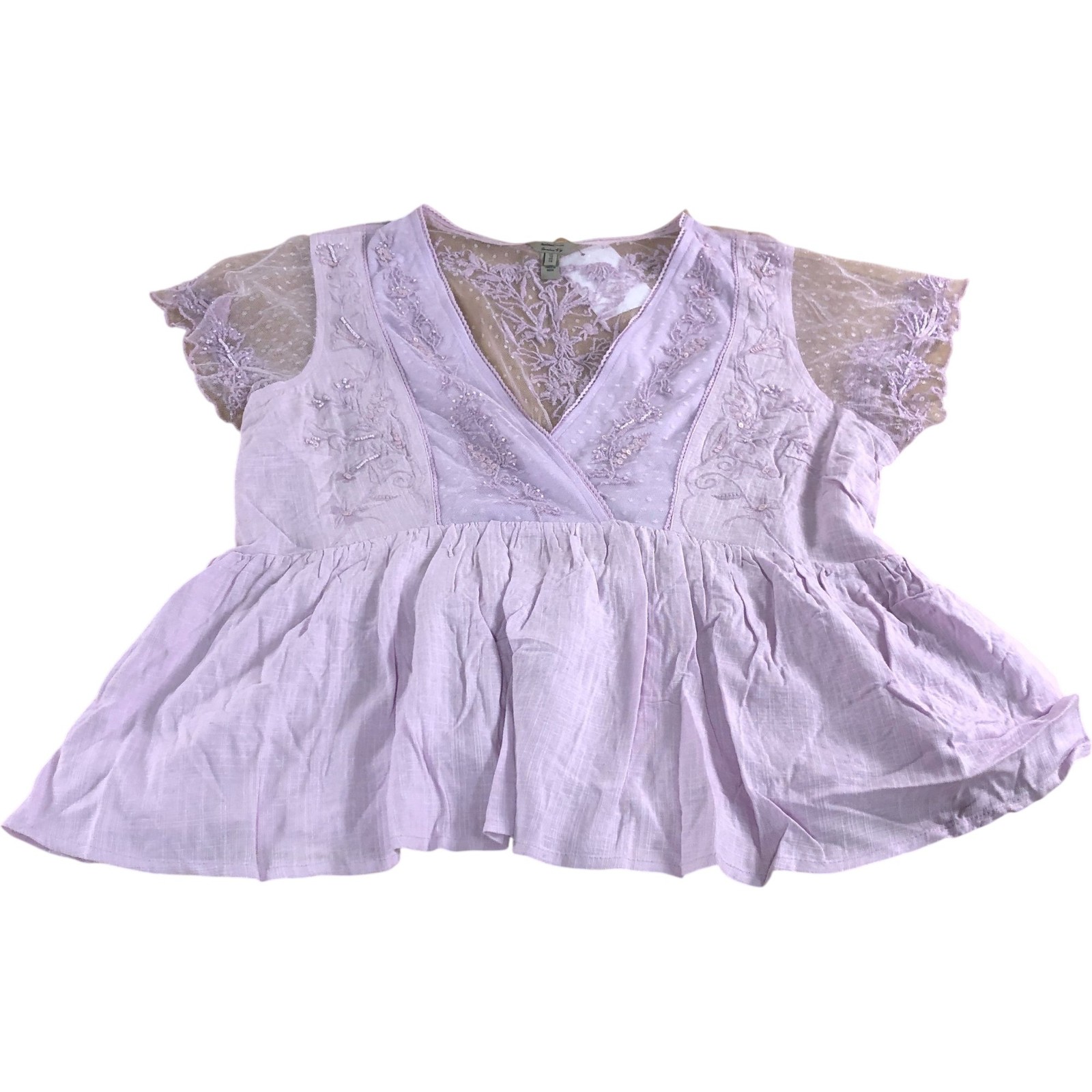 River Island UK18 Women’s Lilac Embroidered V Neck Blouse Short Sleeve Top